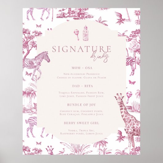 Schattigee Safari Toile de Jouy | Roze Baby shower Poster (Voorkant)