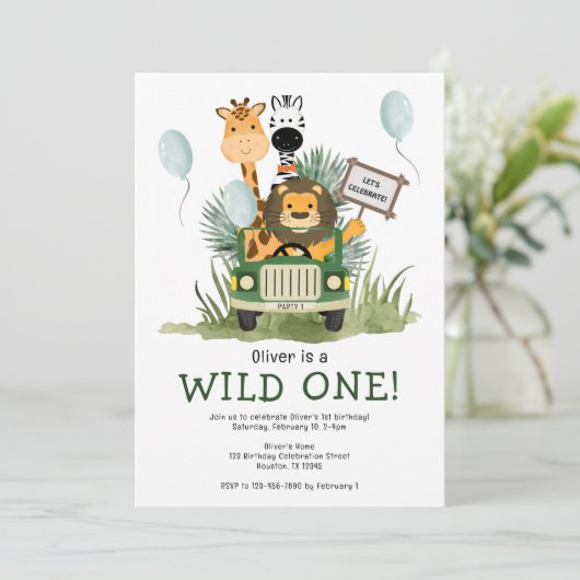 Schattigee Safari Wild One 1st Birthday Party Invi Kaart (Staand voorkant)
