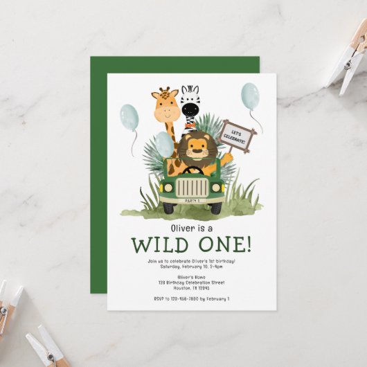 Schattigee Safari Wild One 1st Birthday Party Invi Kaart (Voorkant / Achterkant in situ)
