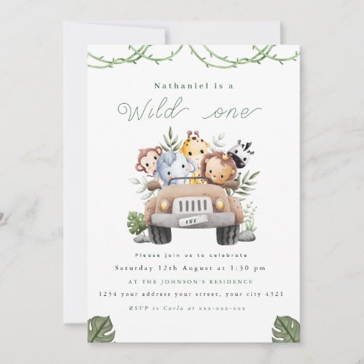 Schattigee Safari Wild One verjaardagsuitnodiging Feestdagenkaart (Voorkant)