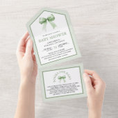 Schattigee Sage Green Coquette Bow Baby shower All In One Uitnodiging (Afscheurbaar)