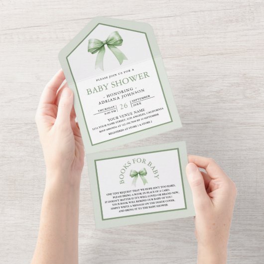 Schattigee Sage Green Coquette Bow Baby shower All In One Uitnodiging (Afscheurbaar)