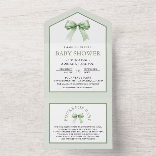 Schattigee Sage Green Coquette Bow Baby shower All In One Uitnodiging (Binnen)