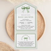 Schattigee Sage Green Coquette Bow Baby shower All In One Uitnodiging