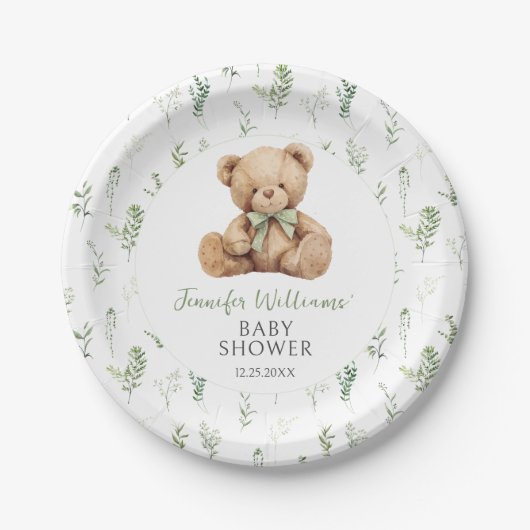 Schattigee Sage Green Teddy Bear Bow Baby Boy Show Papieren Bordje (Voorkant)