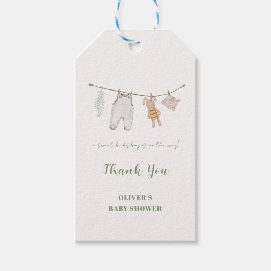 Schattigee Sage Groene Boho Jongenskleding Baby sh Cadeaulabel (Voorkant)