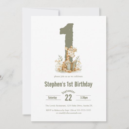 Schattigee Sage Groene Giraffe 1e Verjaardagsfeest Kaart (Voorkant)
