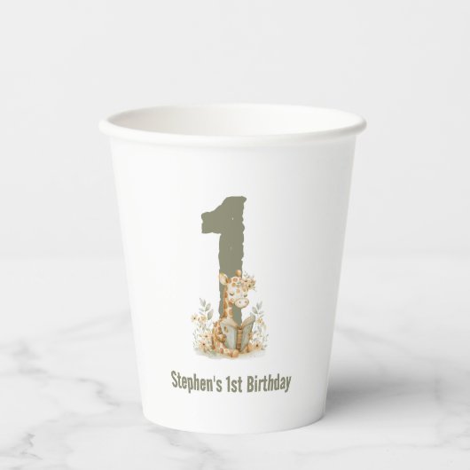 Schattigee Sage Groene Giraffe 1e Verjaardagsfeest Papieren Bekers (Voorkant)