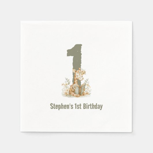 Schattigee Sage Groene Giraffe 1e Verjaardagsfeest Servet (Voorkant)
