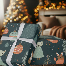 Schattigee Sage Groene Winter Bossen Vossen Kerstm Cadeaupapier