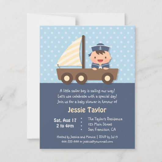 Schattigee Sailor Boy Nautische Baby Shower Uitnod Kaart (Voorkant)