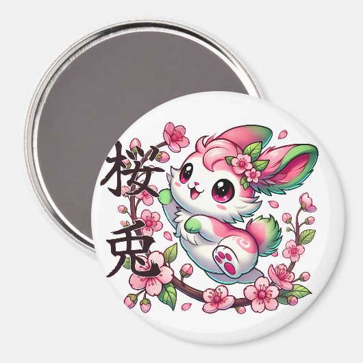 Schattigee Sakura Bunny Magnet met Japans borstels (Voorkant / Achterkant)