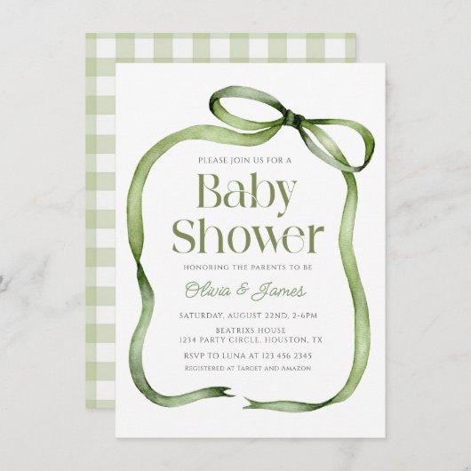 Schattigee salie groen Bow Gingham Baby shower Uit Kaart (Voorkant / Achterkant)
