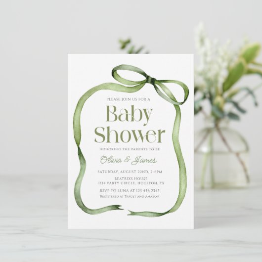 Schattigee salie groen Bow Gingham Baby shower Uit Kaart (Staand voorkant)