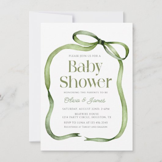 Schattigee salie groen Bow Gingham Baby shower Uit Kaart (Voorkant)