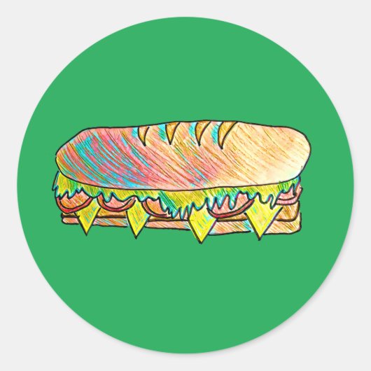 Schattigee sandwich sub picknick kleurrijk eten ronde sticker (Voorkant)