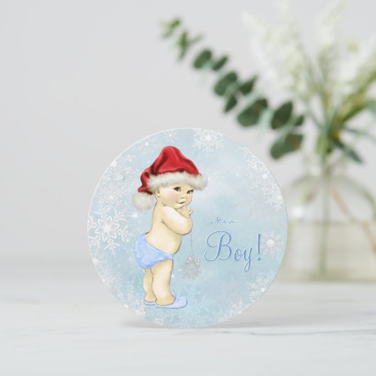 Schattigee Santa Baby Blue Snowflake Baby shower Kaart (Staand voorkant)