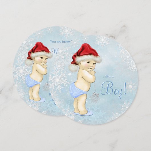 Schattigee Santa Baby Blue Snowflake Baby shower Kaart (Voorkant / Achterkant)