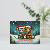 Schattigee Santa Baby Lion Sneeuwwitje Winter Kers Briefkaart (Staand voorkant)