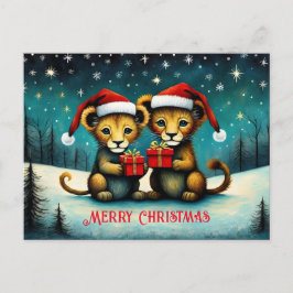 Schattigee Santa Baby Lion Sneeuwwitje Winter Kers Briefkaart