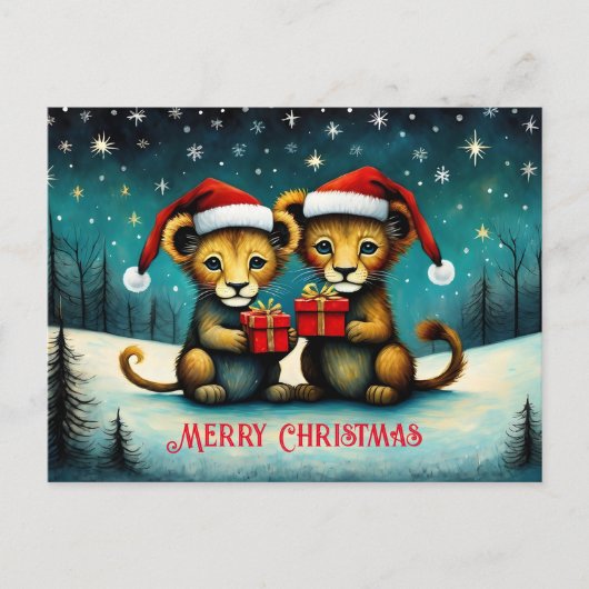 Schattigee Santa Baby Lion Sneeuwwitje Winter Kers Briefkaart (Voorkant)