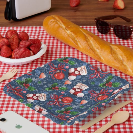 Schattigee Santa Boots Balls Red Holly Berries Ker Papieren Bordje (Picknick)