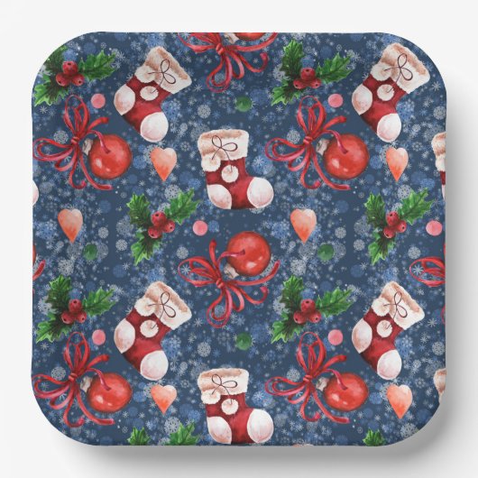 Schattigee Santa Boots Balls Red Holly Berries Ker Papieren Bordje (Voorkant)