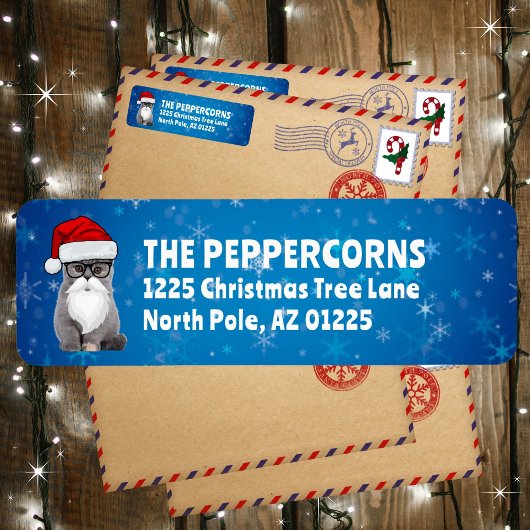 Schattigee Santa Christmas Cat Blue Retouradres Etiket