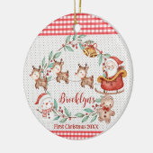 Schattigee Santa Claus Rendier 1e kerstfoto Keramisch Ornament (Links)