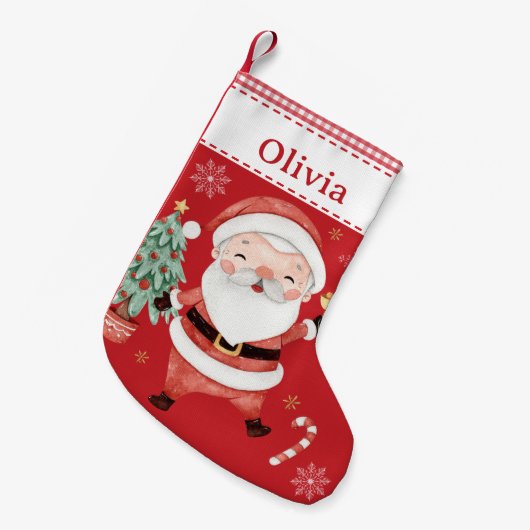 Schattigee Santa Claus Tree Candy Cane Red Gingham Kleine Kerstsok (Voorkant (Hangend))