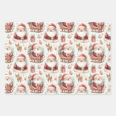 Schattigee Santa Clauses Sleighs Cadeaus en rendie Inpakpapier Vel (Voorkant)