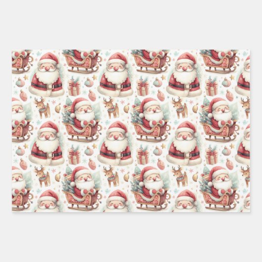 Schattigee Santa Clauses Sleighs Cadeaus en rendie Inpakpapier Vel (Voorkant)