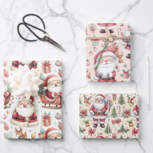 Schattigee Santa Clauses Sleighs Cadeaus en rendie Inpakpapier Vel (Voorkant)
