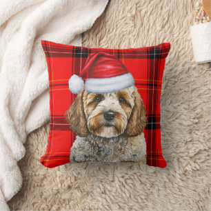 Schattigee Santa Cockapoo Dog op Red Plaid Christm Kussen