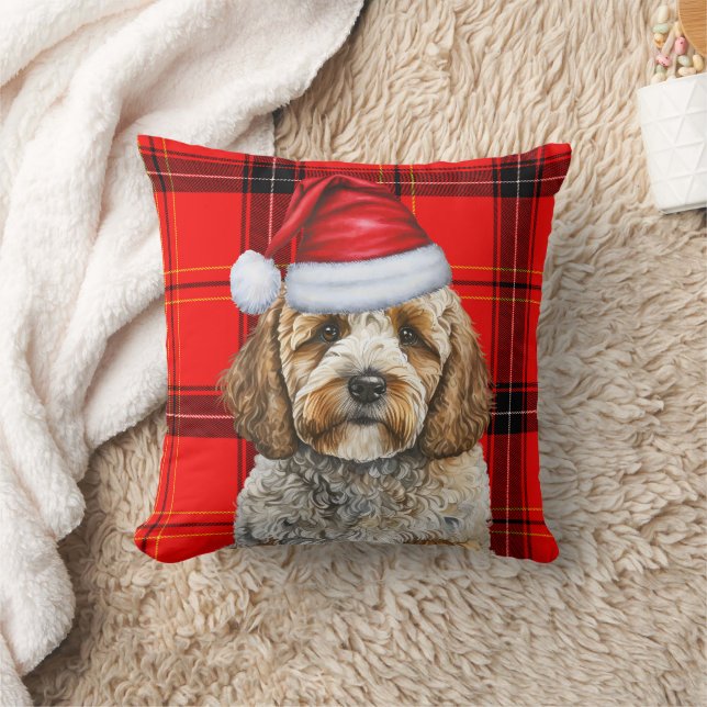 Schattigee Santa Cockapoo Dog op Red Plaid Christm Kussen (Deken)