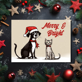 Schattigee Santa Dog en Cat Merry en Bright Christ Feestdagen Kaart
