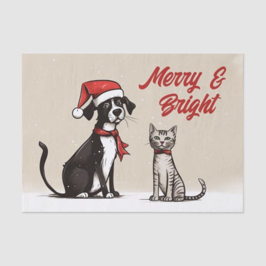Schattigee Santa Dog en Cat Merry en Bright Christ Tissuepapier (Voorkant)