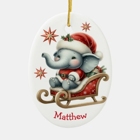 Schattigee Santa Elephant Sleigh Kinder Kerst Keramisch Ornament (Voorkant)