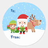 Schattigee Santa, Elf en Rendier Naar en Van Ronde Sticker (Voorkant)