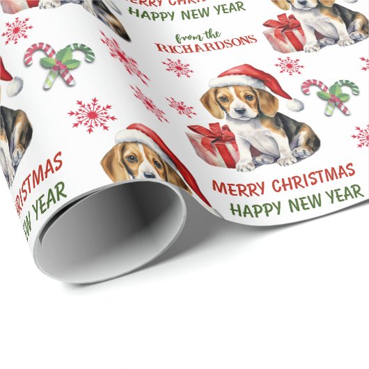 Schattigee Santa Hat Beagle Puppy Kerstmis Cadeaupapier (Rol Hoek)