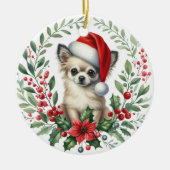Schattigee Santa Hat Chihuahua Waterverf Krans Keramisch Ornament (Voorkant)