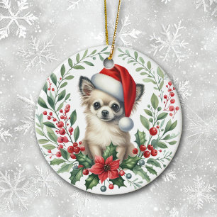 Schattigee Santa Hat Chihuahua Waterverf Krans Keramisch Ornament