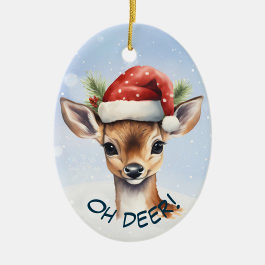 Schattigee Santa Hat Deer Fawn Kinder Keramisch Ornament (Voorkant)