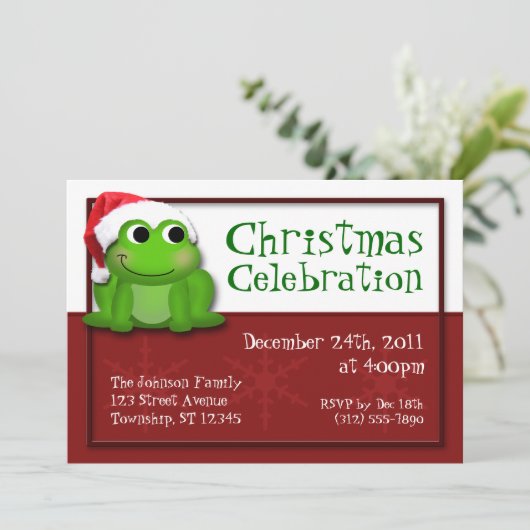 Schattigee Santa Hat Froggy Christmas Party Uitnod Kaart (Staand voorkant)
