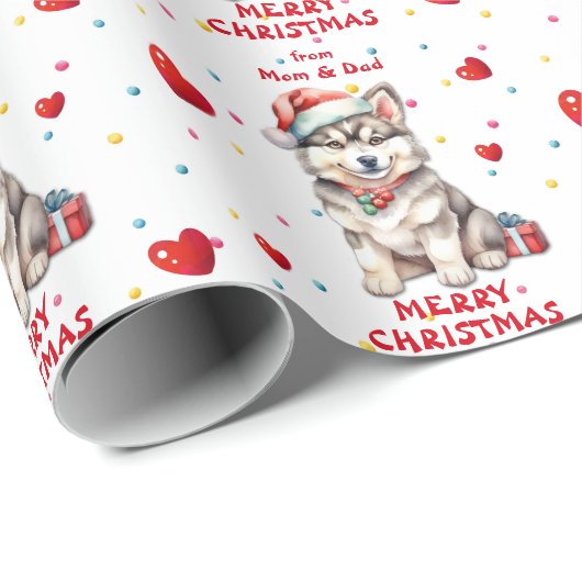 Schattigee Santa Hat Husky Puppy Kinder Kerst Cadeaupapier (Rol Hoek)