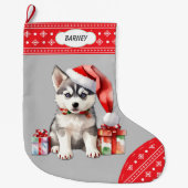 Schattigee Santa Hat Husky Puppy Sneeuwvlok Border Grote Kerstsok (Voorkant)