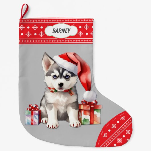 Schattigee Santa Hat Husky Puppy Sneeuwvlok Border Grote Kerstsok (Voorkant)