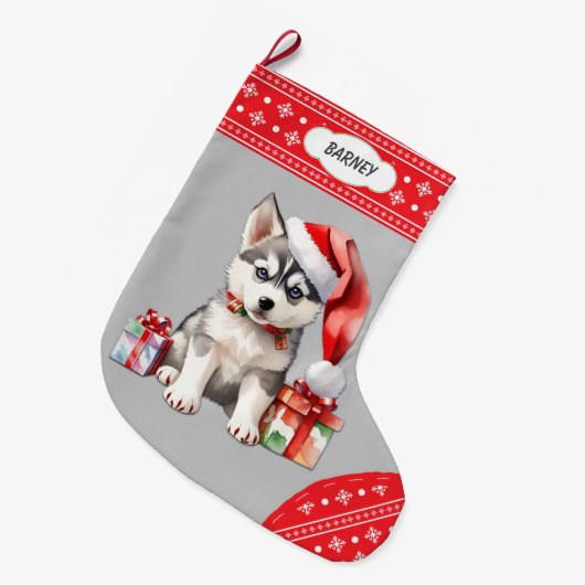 Schattigee Santa Hat Husky Puppy Sneeuwvlok Border Grote Kerstsok (Voorkant (Hangend))