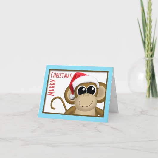 Schattigee Santa Hat Monkey Aqua "Merry Christmas" Feestdagen Kaart (Voorkant)