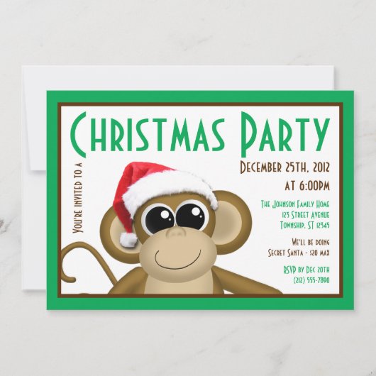 Schattigee Santa Hat Monkey - Groene Kerstuitnodig Kaart (Voorkant)
